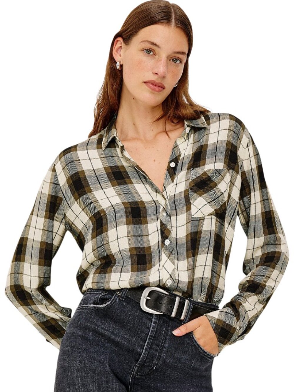 Rails NWT Hunter Button-up Collared Blouse Ivory Olive Ash Luxury Basic  - XXL